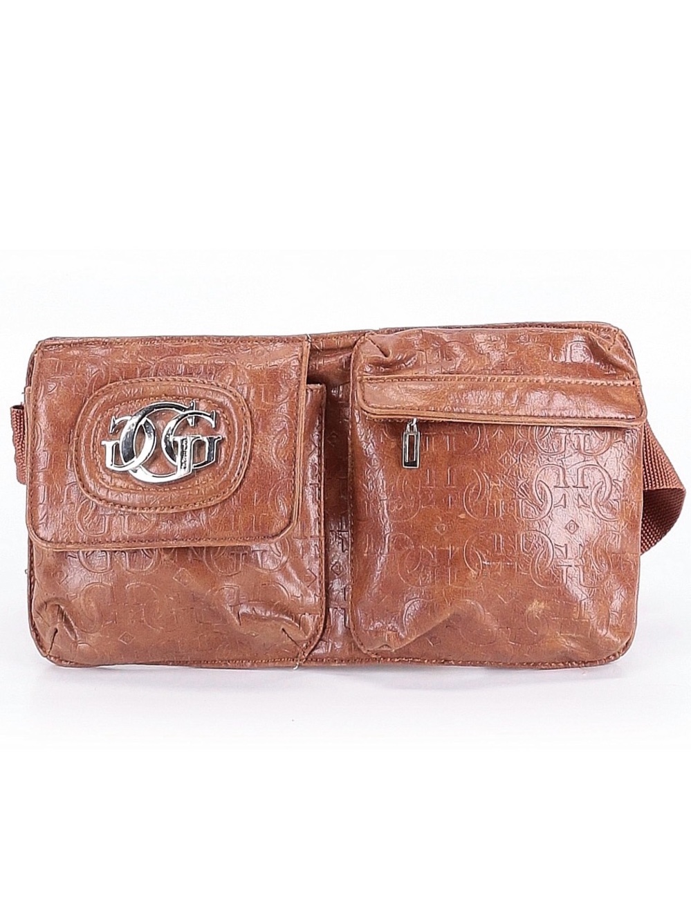Guess Brown Embossed Leather Belt Bag with Silver Logo